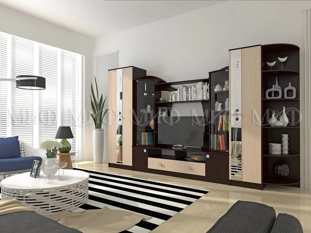 Гостиная Гамма (Ш-3654 мм x В-2200 мм x Г-530 мм)/Дуб Венге/Дуб Беленый