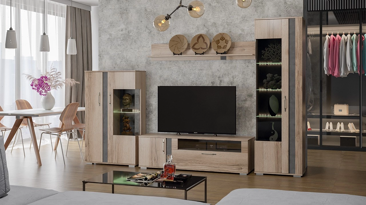 Гостиная «Брайтон» №3 Камень/Дуб Делано/Ш-3008 x В-1974 x Г-463 мм)