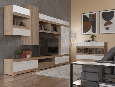 Гостиная Авангард  МДФ №3 (Ш-3500 x В-2140 x Г-445 мм) Дуб Сонома/Белый Глянец